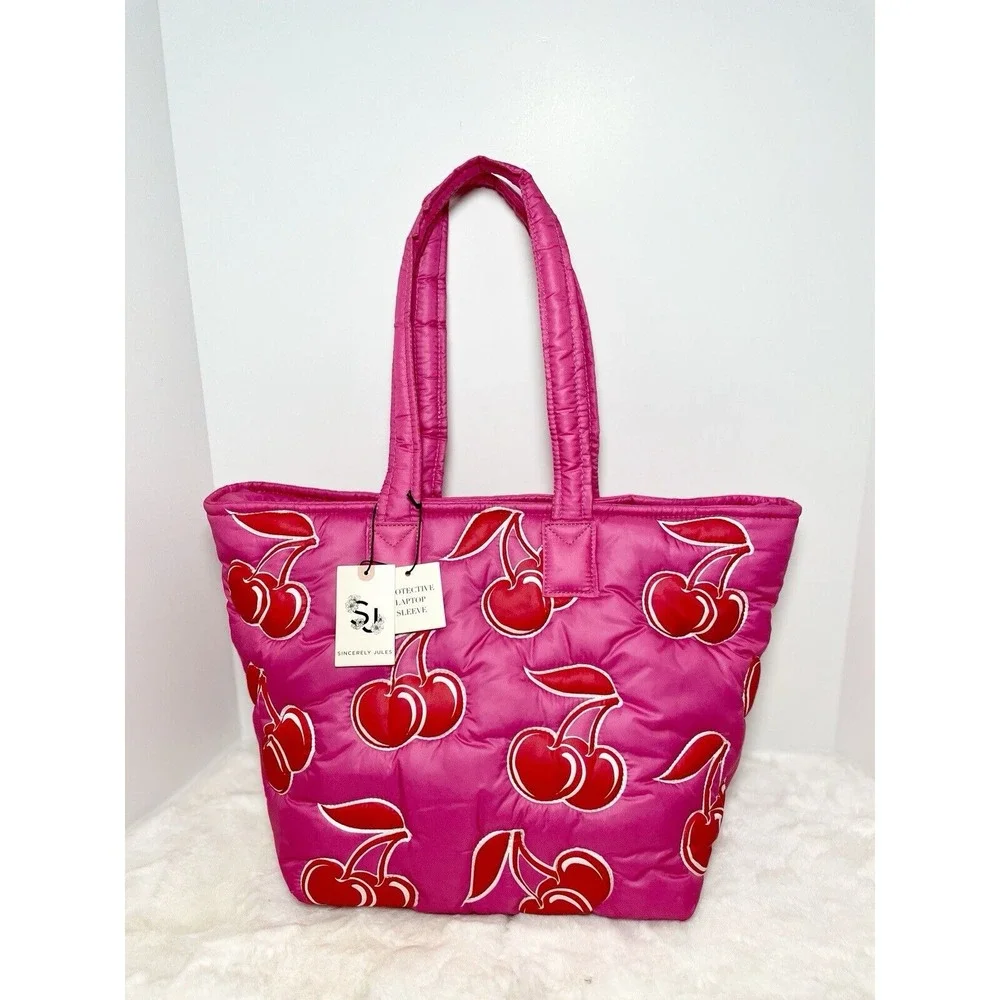 SINCERELY JULES Pink and Red Cherry Cherries Puffy Tote Bag NEW - Picture 1 of 3